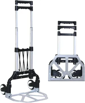 Folding Hand Truck Dolly Cart，Aluminum Portable Hand Cart for Daily handling Work，180lbs, with Silent Wheel，Telescoping Handle，Black Bungee Cord, Can Stand Alone，Light Weight