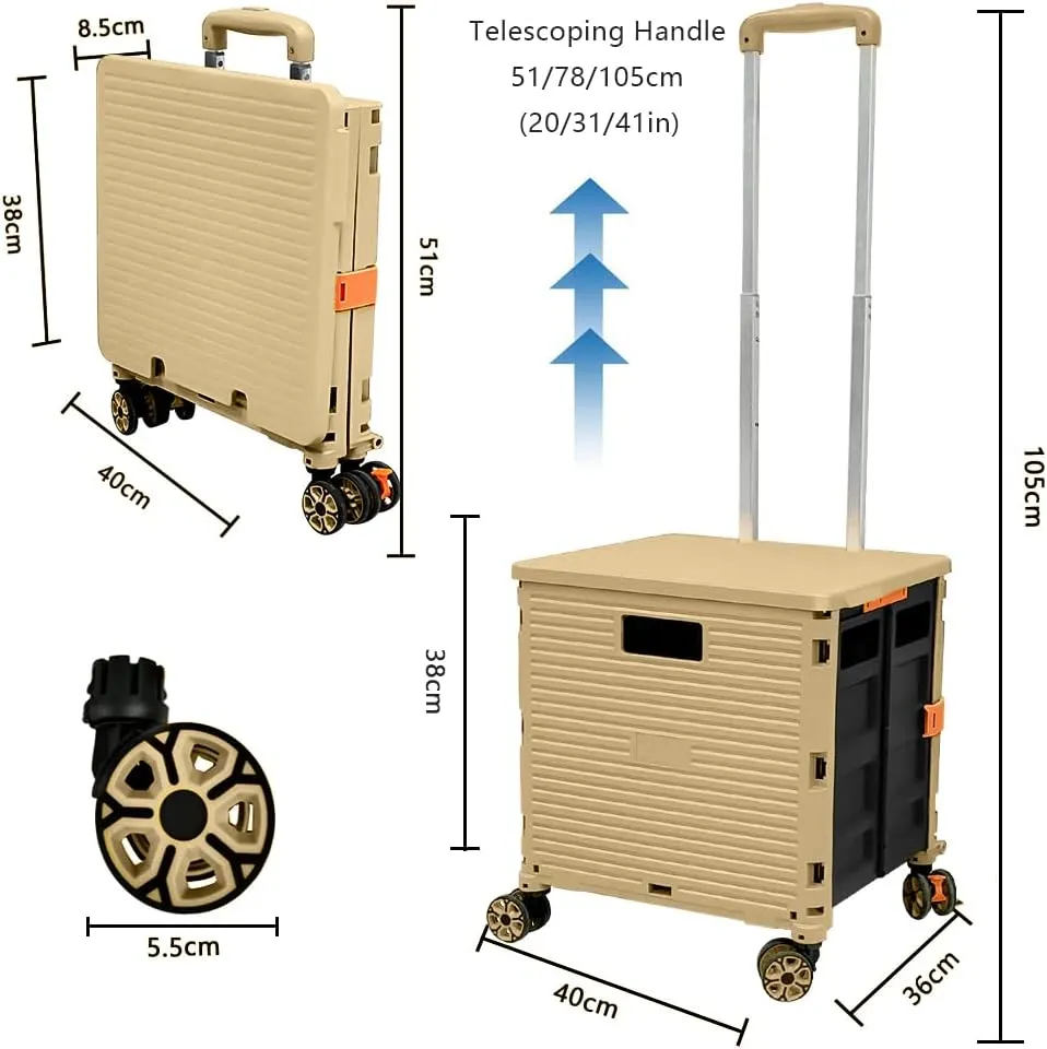 Folding Rolling Utility Cart,Wear-Resistant Noiseless Shopping Trolley Carts with Wheels for Grocery,Portable Crate Storage Tool Box with Lid Used as a Seat for Moving Office Use/Travel/Picnic/Books