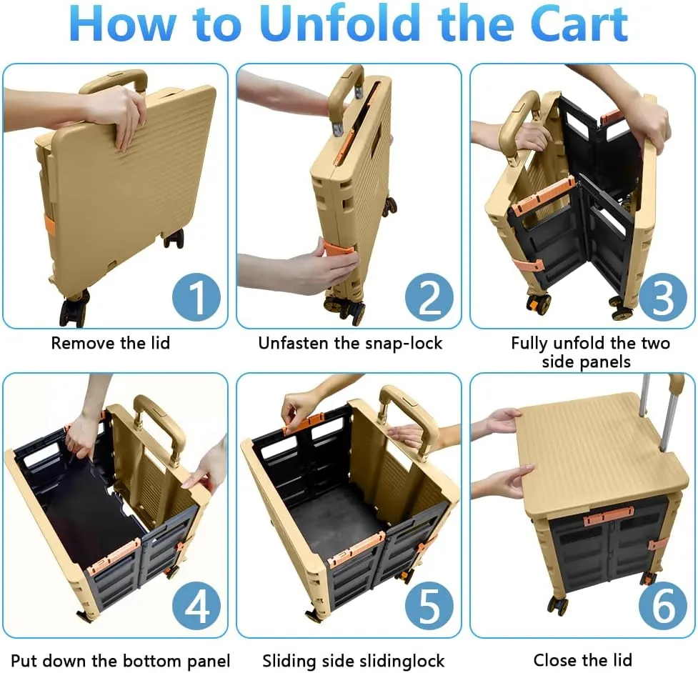 Folding Rolling Utility Cart,Wear-Resistant Noiseless Shopping Trolley Carts with Wheels for Grocery,Portable Crate Storage Tool Box with Lid Used as a Seat for Moving Office Use/Travel/Picnic/Books