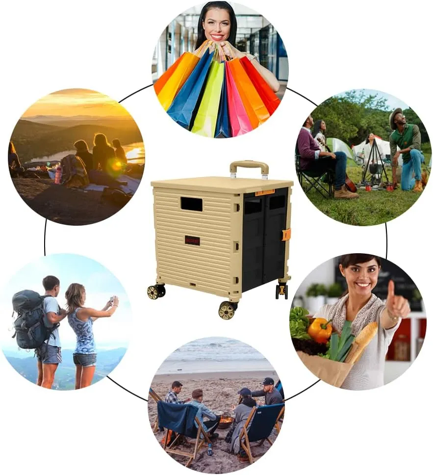 Folding Rolling Utility Cart,Wear-Resistant Noiseless Shopping Trolley Carts with Wheels for Grocery,Portable Crate Storage Tool Box with Lid Used as a Seat for Moving Office Use/Travel/Picnic/Books