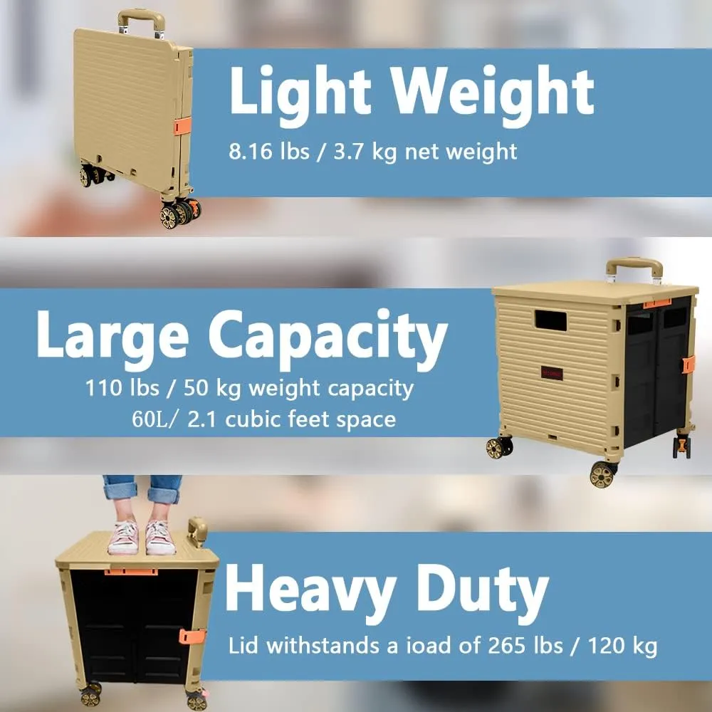 Folding Rolling Utility Cart,Wear-Resistant Noiseless Shopping Trolley Carts with Wheels for Grocery,Portable Crate Storage Tool Box with Lid Used as a Seat for Moving Office Use/Travel/Picnic/Books