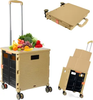Folding Rolling Utility Cart,Wear-Resistant Noiseless Shopping Trolley Carts with Wheels for Grocery,Portable Crate Storage Tool Box with Lid Used as a Seat for Moving Office Use/Travel/Picnic/Books