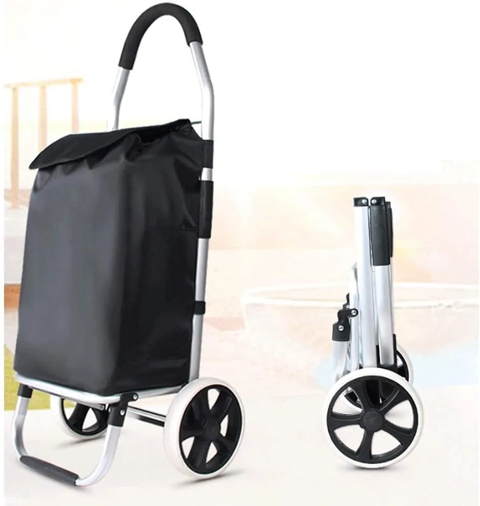 Folding Trolley Bag Portable Buy Cart Aluminum Alloy Trolley Shopping Bag Travel Small Car Grocery Cart (Black C)