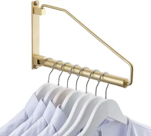 Folding Wall Mounted Clothes Hanger Rack Clothes Hook Solid Brass with Swing Arm Holder Clothing Hanging System Closet Storage Organizer Heavy Duty Drying Rack Wall Mount,Brushed Gold