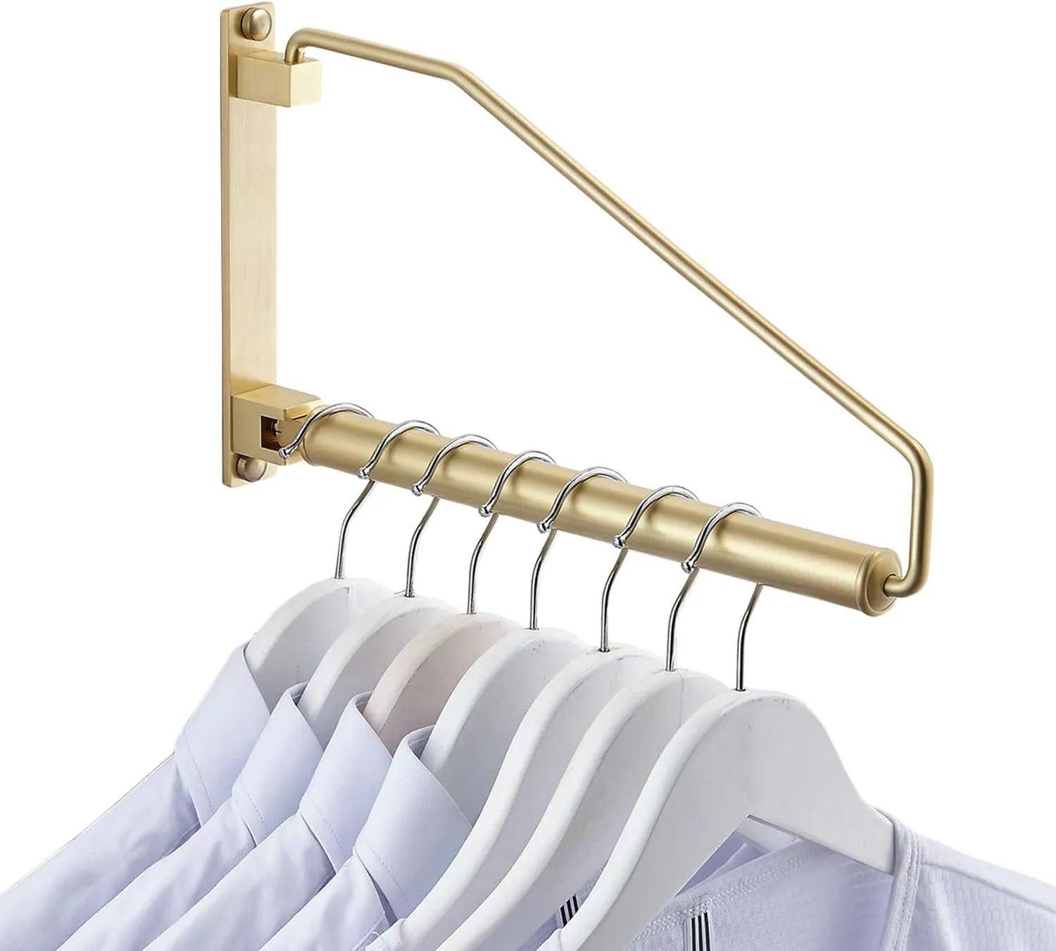Folding Wall Mounted Clothes Hanger Rack Clothes Hook Solid Brass with Swing Arm Holder Clothing Hanging System Closet Storage Organizer Heavy Duty Drying Rack Wall Mount,Brushed Gold