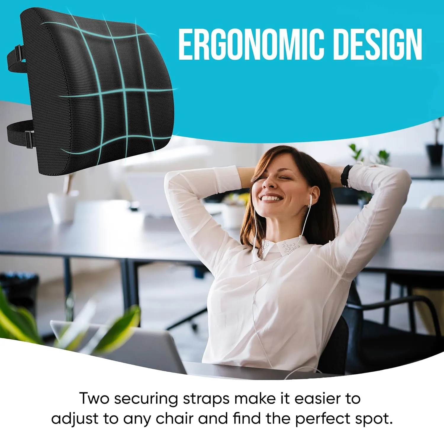 FORTEM Lumbar Support Cushion, Back Support for Office Chair and Car Seat, Back Rest for Gaming Chair, Memory Foam Pillow, Desk Chair Cushion, Breathable & Washable Cover, Adjustable Straps