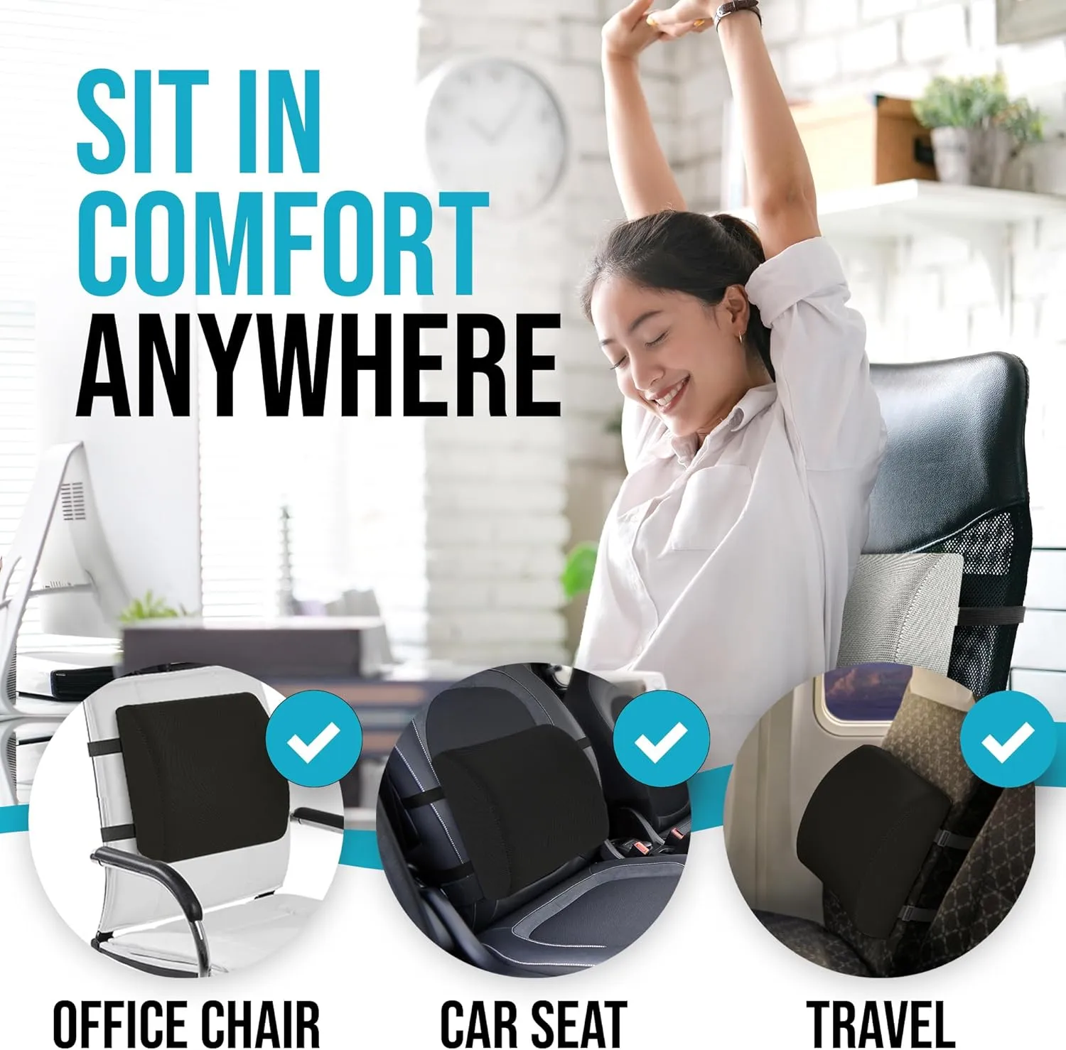FORTEM Lumbar Support Cushion, Back Support for Office Chair and Car Seat, Back Rest for Gaming Chair, Memory Foam Pillow, Desk Chair Cushion, Breathable & Washable Cover, Adjustable Straps