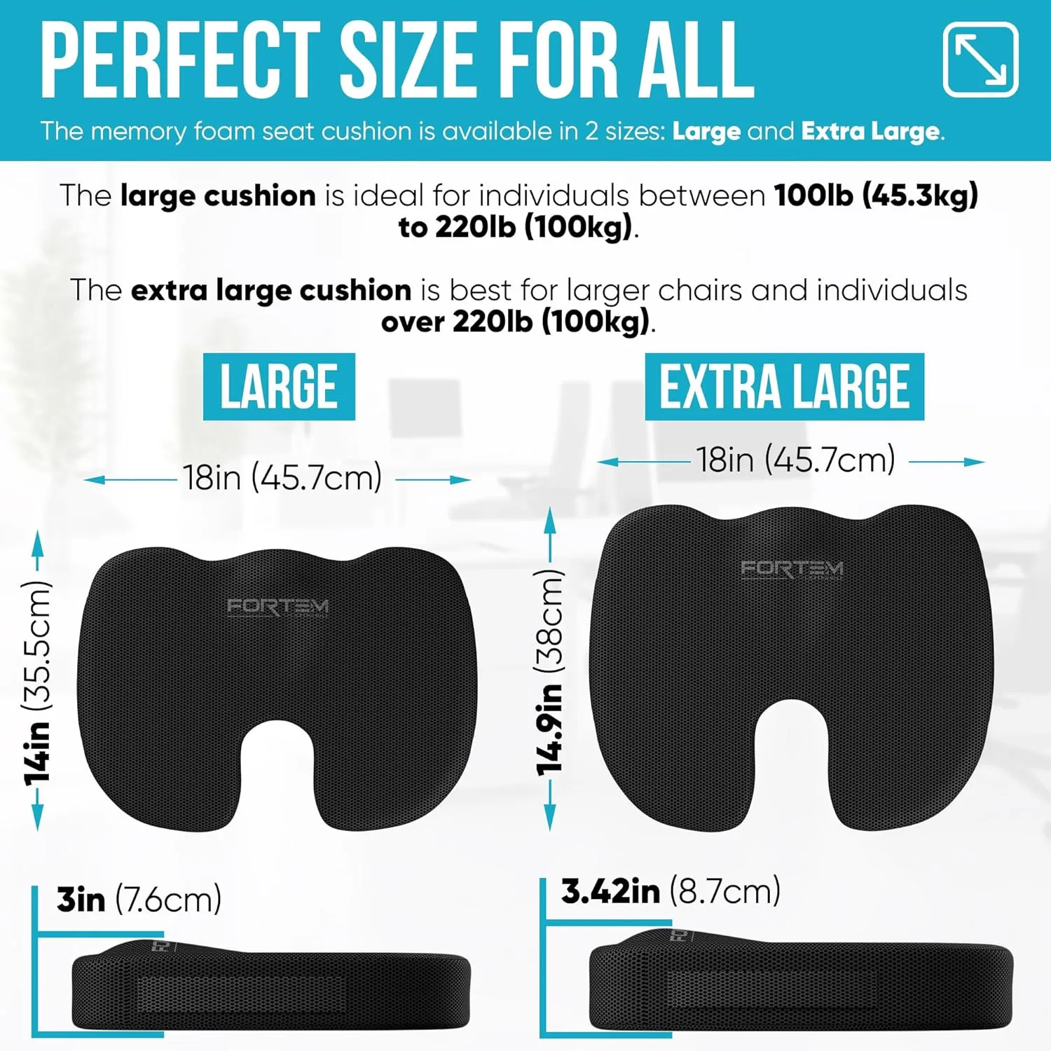 FORTEM Office Chair Cushion and Back Support for Office Chair, Lumbar Support Pillow, Memory Foam, Non Slip Sitting and Back Rest for Gaming, Car Seat Cushion, Chair Pad