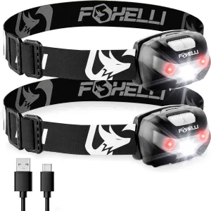 Foxelli Rechargeable LED Headlamp - Super Bright, Lightweight and Comfortable Head Light for Running, Camping, Hiking and Work, Suitable for Adults and Kids