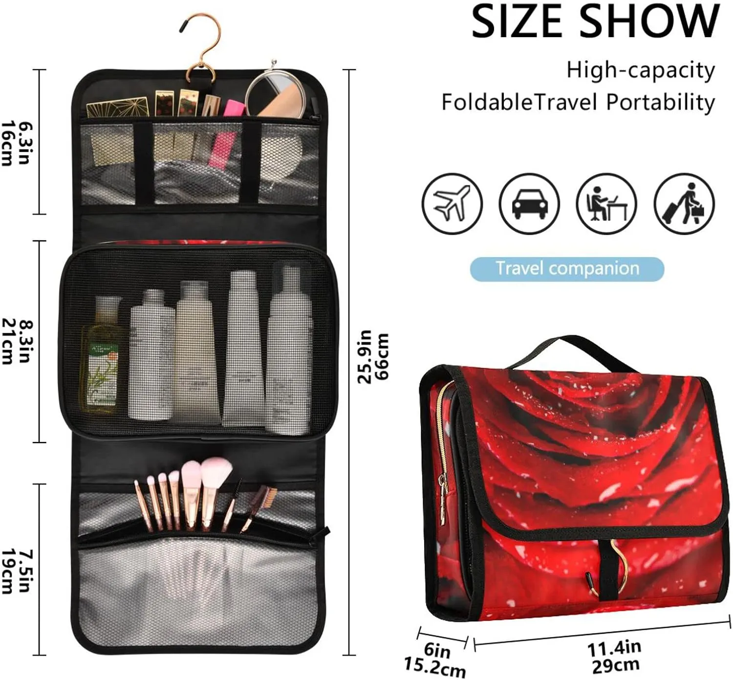 Fresh Red Rose Bud, The Petals of Red Roses with Water 3 PCs Set Toiletry bags, 1 Women's Travel Cosmetic Bag, 1 Hanging Toiletry Wash Bag, 1 Brush Case, Portable Makeup Storage Case