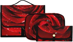 Fresh Red Rose Bud, The Petals of Red Roses with Water 3 PCs Set Toiletry bags, 1 Women's Travel Cosmetic Bag, 1 Hanging Toiletry Wash Bag, 1 Brush Case, Portable Makeup Storage Case