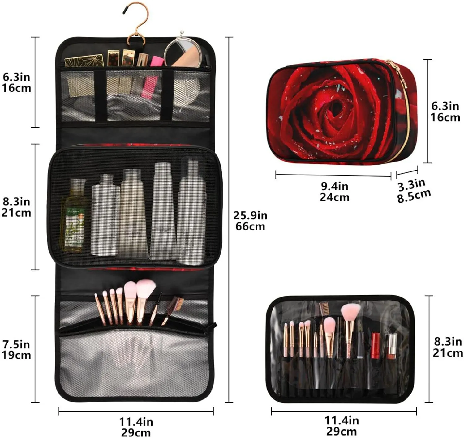 Fresh Red Rose Bud, The Petals of Red Roses with Water 3 PCs Set Toiletry bags, 1 Women's Travel Cosmetic Bag, 1 Hanging Toiletry Wash Bag, 1 Brush Case, Portable Makeup Storage Case