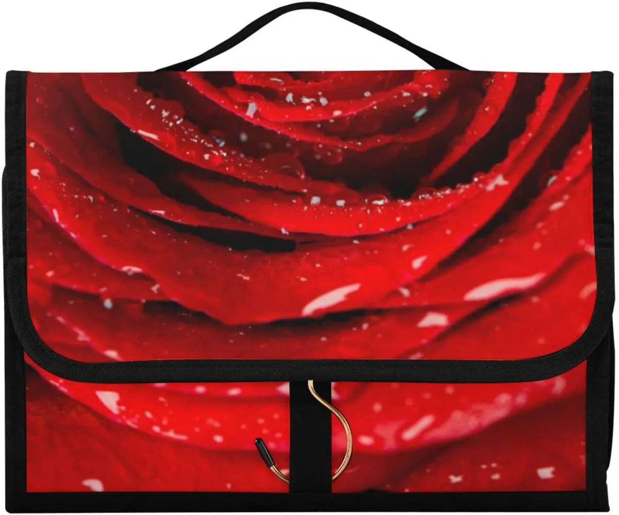 Fresh Red Rose Bud, The Petals of Red Roses with Water 3 PCs Set Toiletry bags, 1 Women's Travel Cosmetic Bag, 1 Hanging Toiletry Wash Bag, 1 Brush Case, Portable Makeup Storage Case