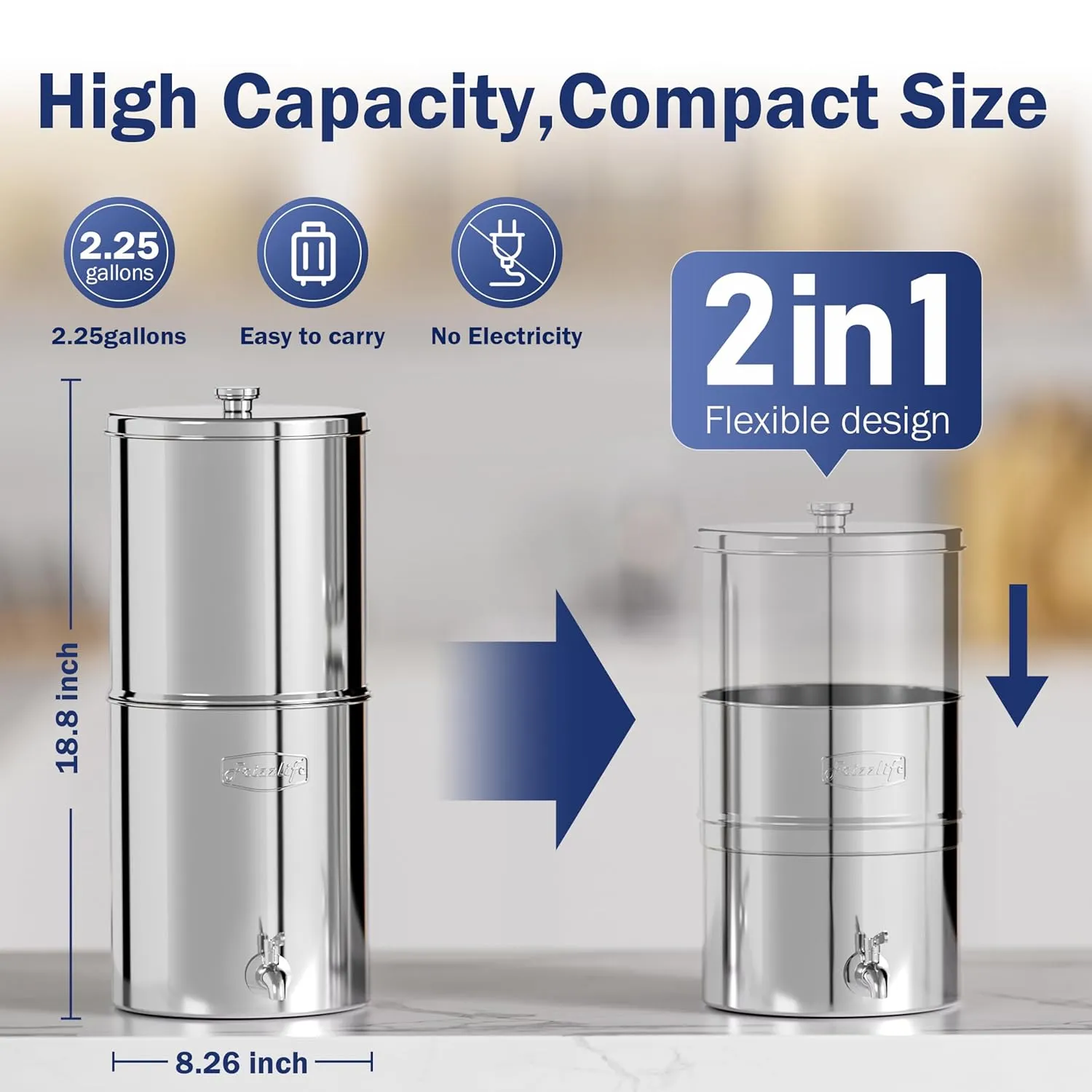 Frizzlife G210-PRO Gravity Water Filtration System, Certified Element Reduces 99.9% Lead, Chlorine, Heavy Metals, Bad Taste & Odor, Impurity, with Stainless Steel Stand for Drinking, Travel, 2.25G