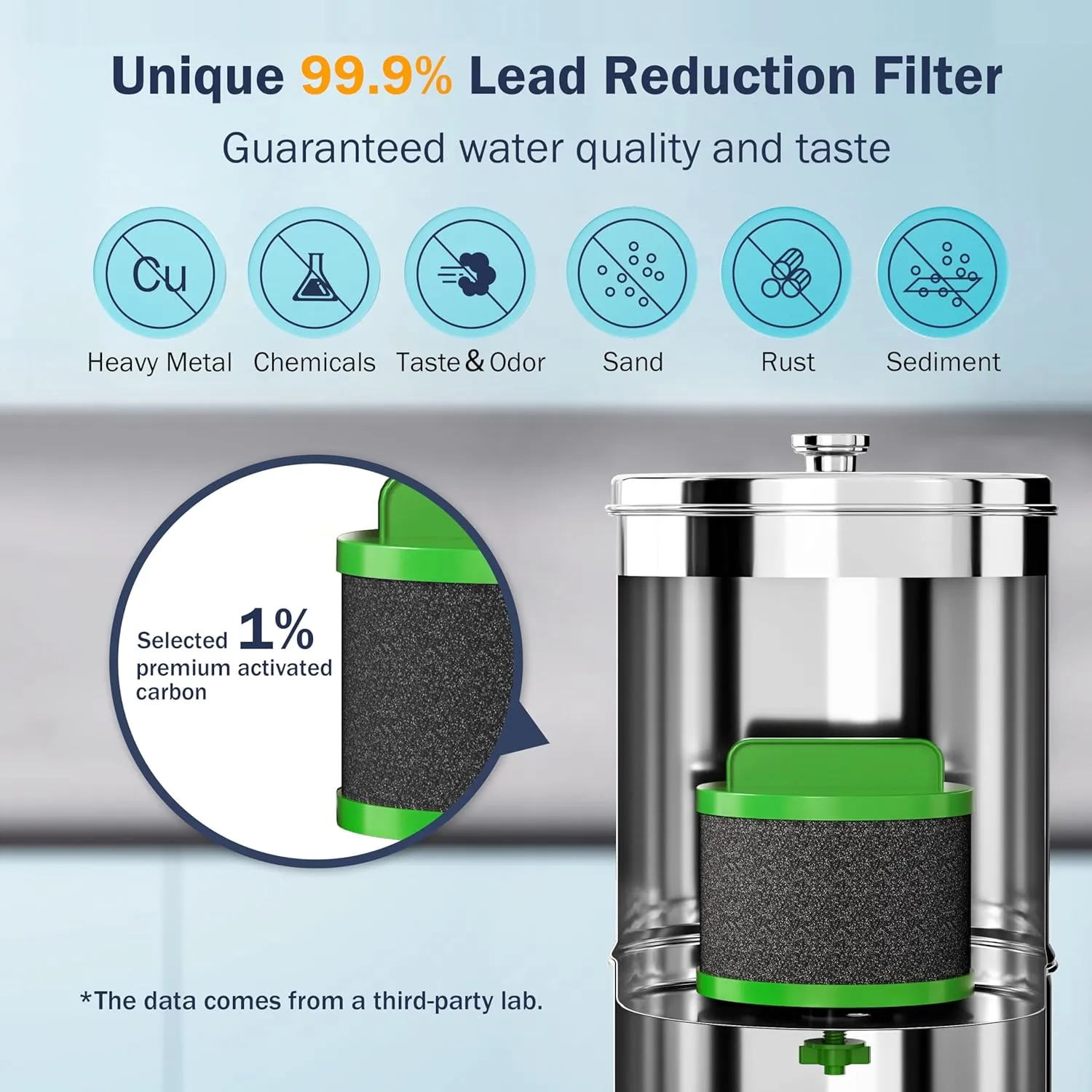Frizzlife G210-PRO Gravity Water Filtration System, Certified Element Reduces 99.9% Lead, Chlorine, Heavy Metals, Bad Taste & Odor, Impurity, with Stainless Steel Stand for Drinking, Travel, 2.25G