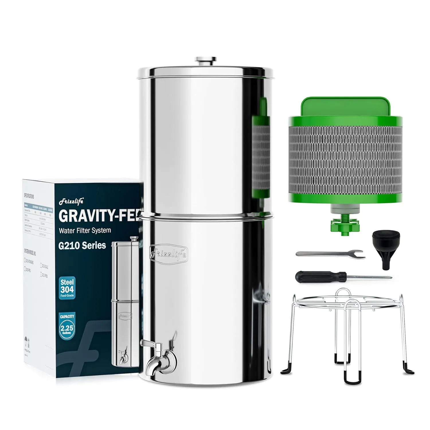 Frizzlife G210-PRO Gravity Water Filtration System, Certified Element Reduces 99.9% Lead, Chlorine, Heavy Metals, Bad Taste & Odor, Impurity, with Stainless Steel Stand for Drinking, Travel, 2.25G