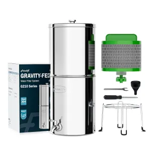 Frizzlife G210-PRO Gravity Water Filtration System, Certified Element Reduces 99.9% Lead, Chlorine, Heavy Metals, Bad Taste & Odor, Impurity, with Stainless Steel Stand for Drinking, Travel, 2.25G