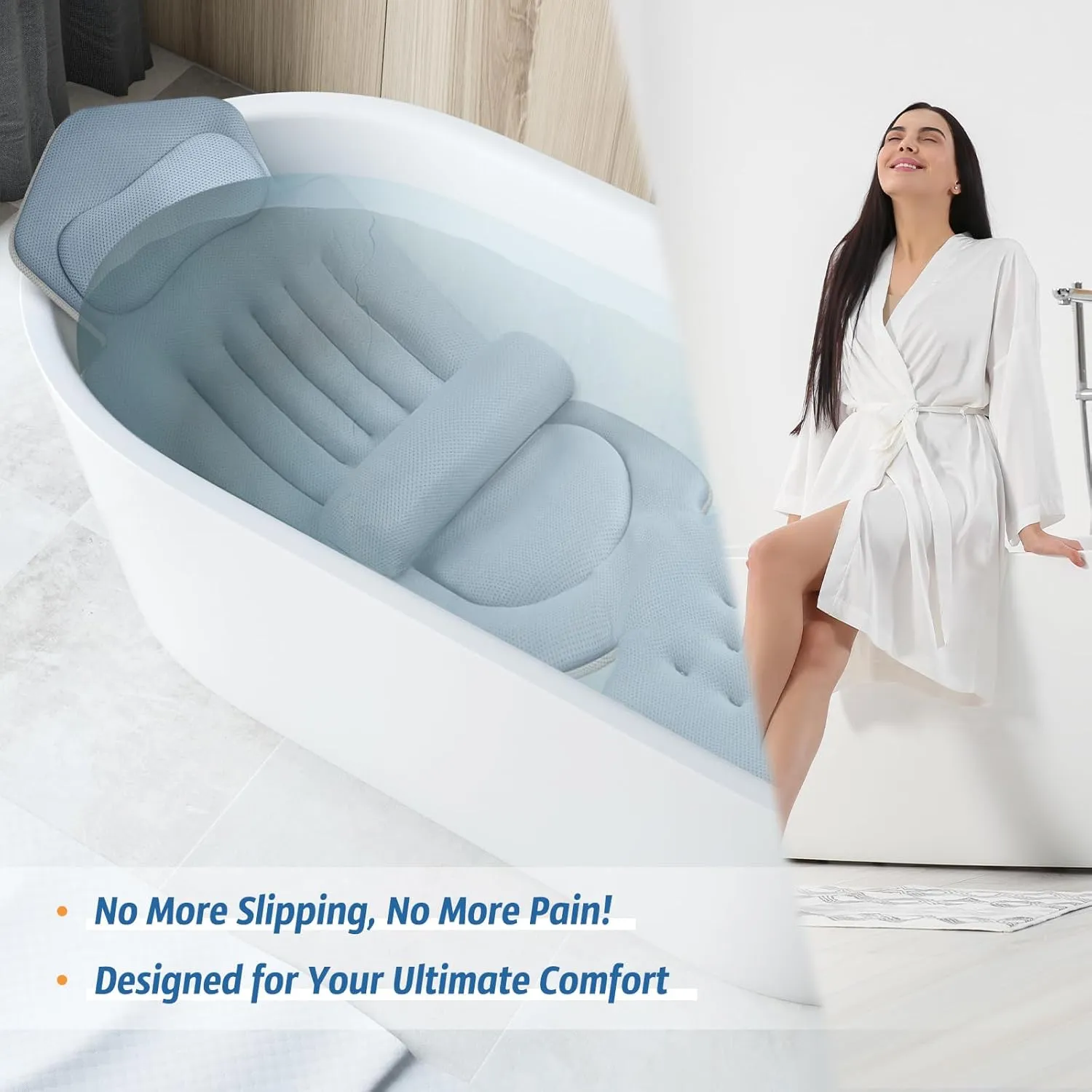 Full Body Bath Pillow for Bathtub Ergonomic Spa Pillow with 192 Non-Slip Suction Cups, Spa Bathtub Pillow for Neck, Back & Leg Support, 5D Air Mesh & Quick Drying, Fits All Tubs (Greyblue)