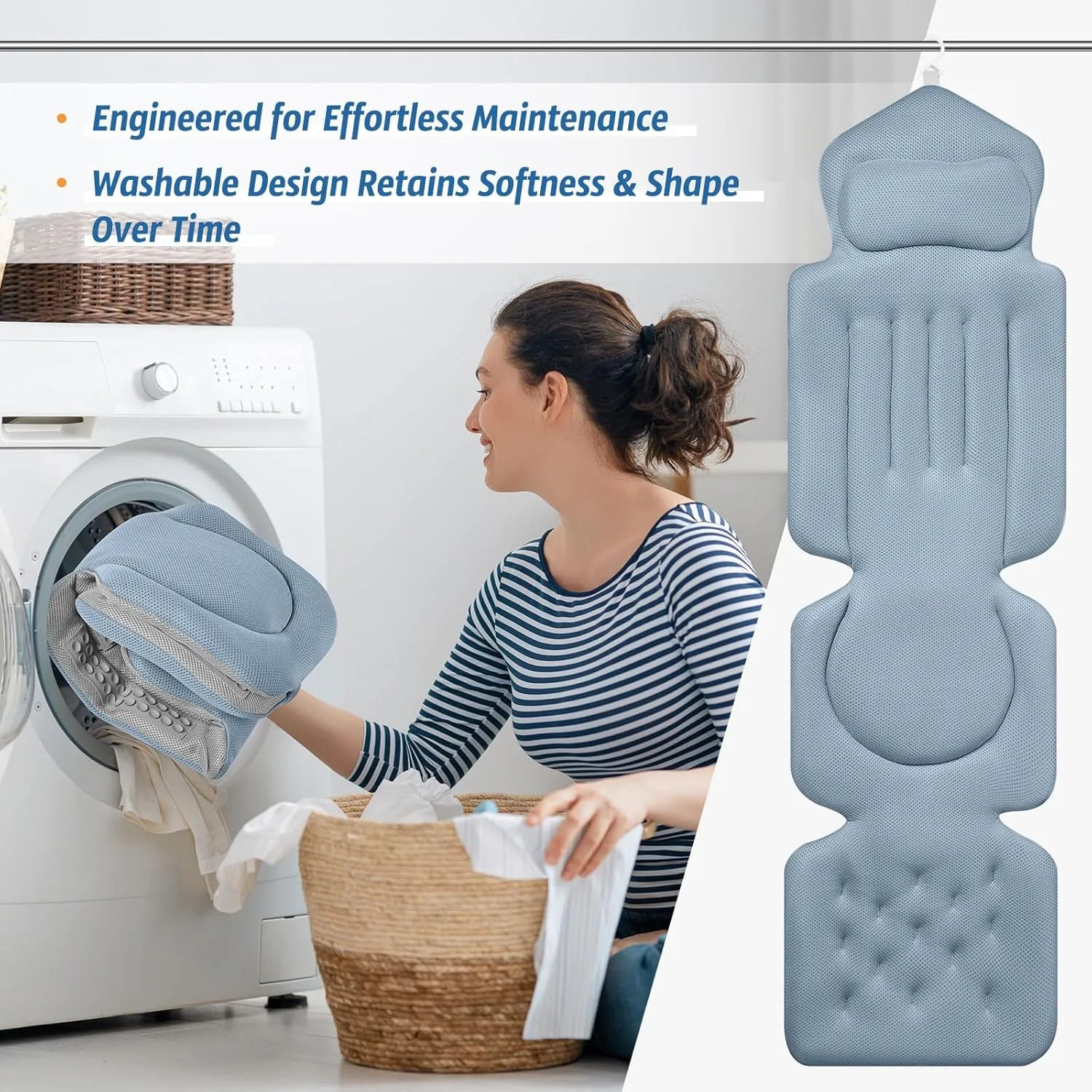 Full Body Bath Pillow for Bathtub Ergonomic Spa Pillow with 192 Non-Slip Suction Cups, Spa Bathtub Pillow for Neck, Back & Leg Support, 5D Air Mesh & Quick Drying, Fits All Tubs (Greyblue)