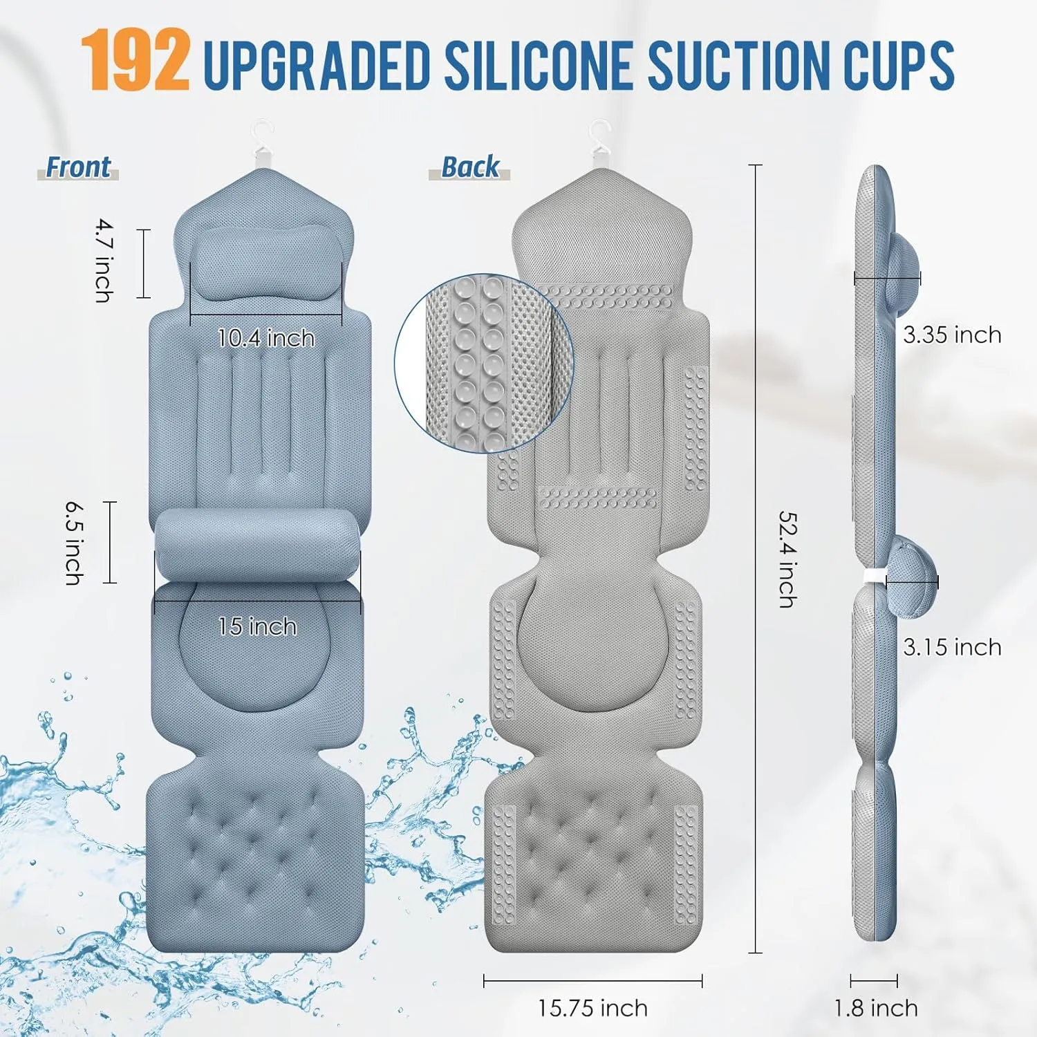 Full Body Bath Pillow for Bathtub Ergonomic Spa Pillow with 192 Non-Slip Suction Cups, Spa Bathtub Pillow for Neck, Back & Leg Support, 5D Air Mesh & Quick Drying, Fits All Tubs (Greyblue)