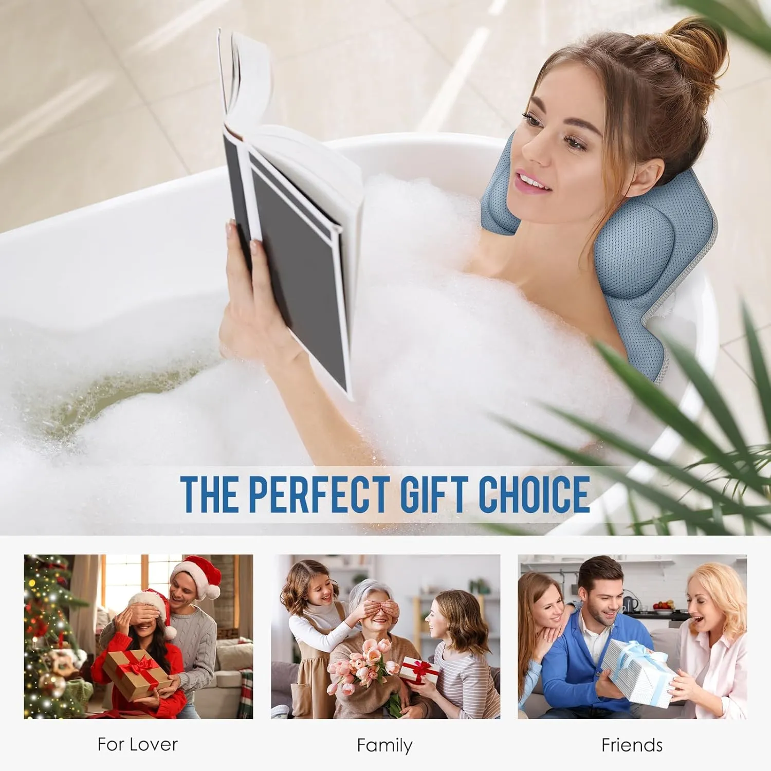 Full Body Bath Pillow for Bathtub Ergonomic Spa Pillow with 192 Non-Slip Suction Cups, Spa Bathtub Pillow for Neck, Back & Leg Support, 5D Air Mesh & Quick Drying, Fits All Tubs (Greyblue)
