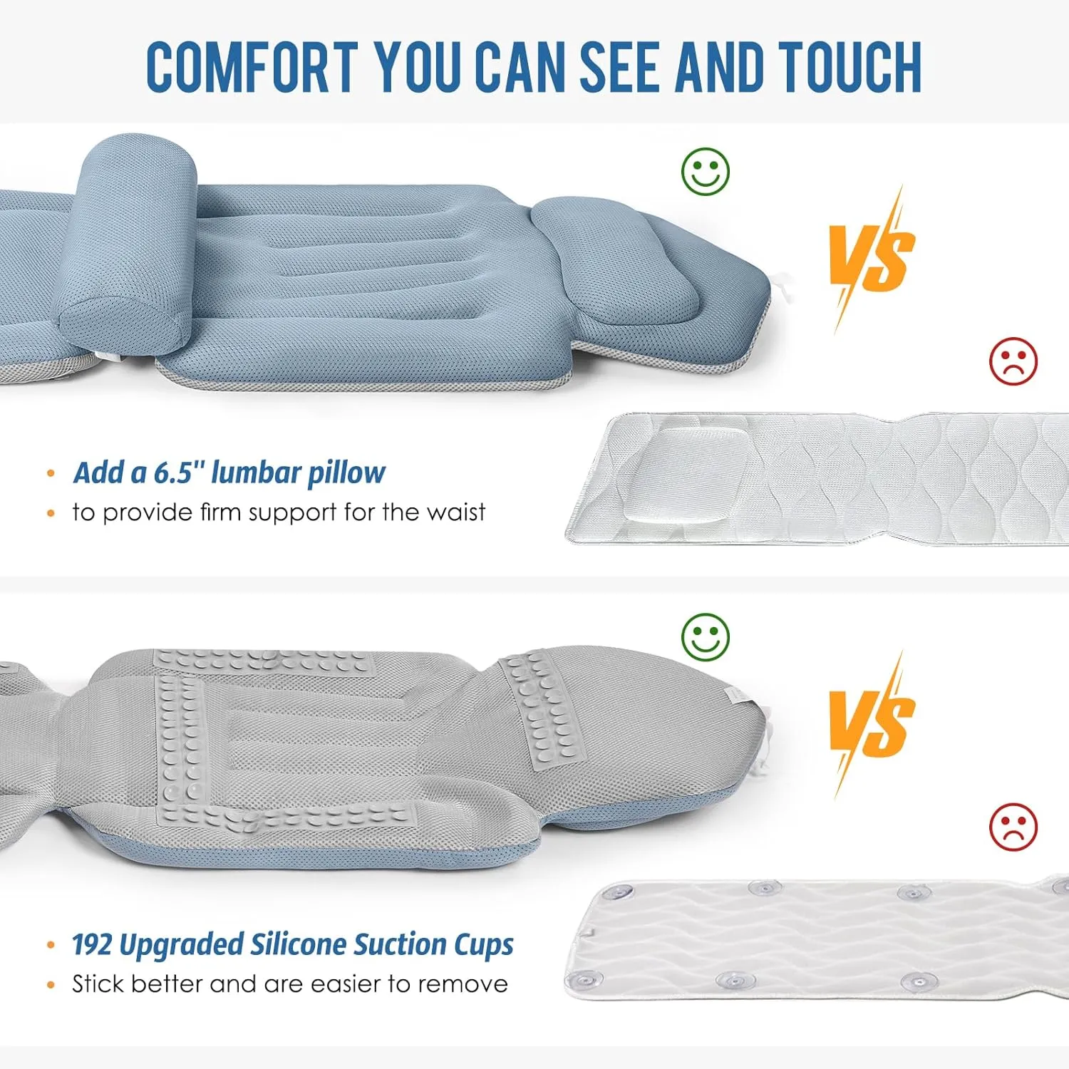 Full Body Bath Pillow for Bathtub Ergonomic Spa Pillow with 192 Non-Slip Suction Cups, Spa Bathtub Pillow for Neck, Back & Leg Support, 5D Air Mesh & Quick Drying, Fits All Tubs (Greyblue)