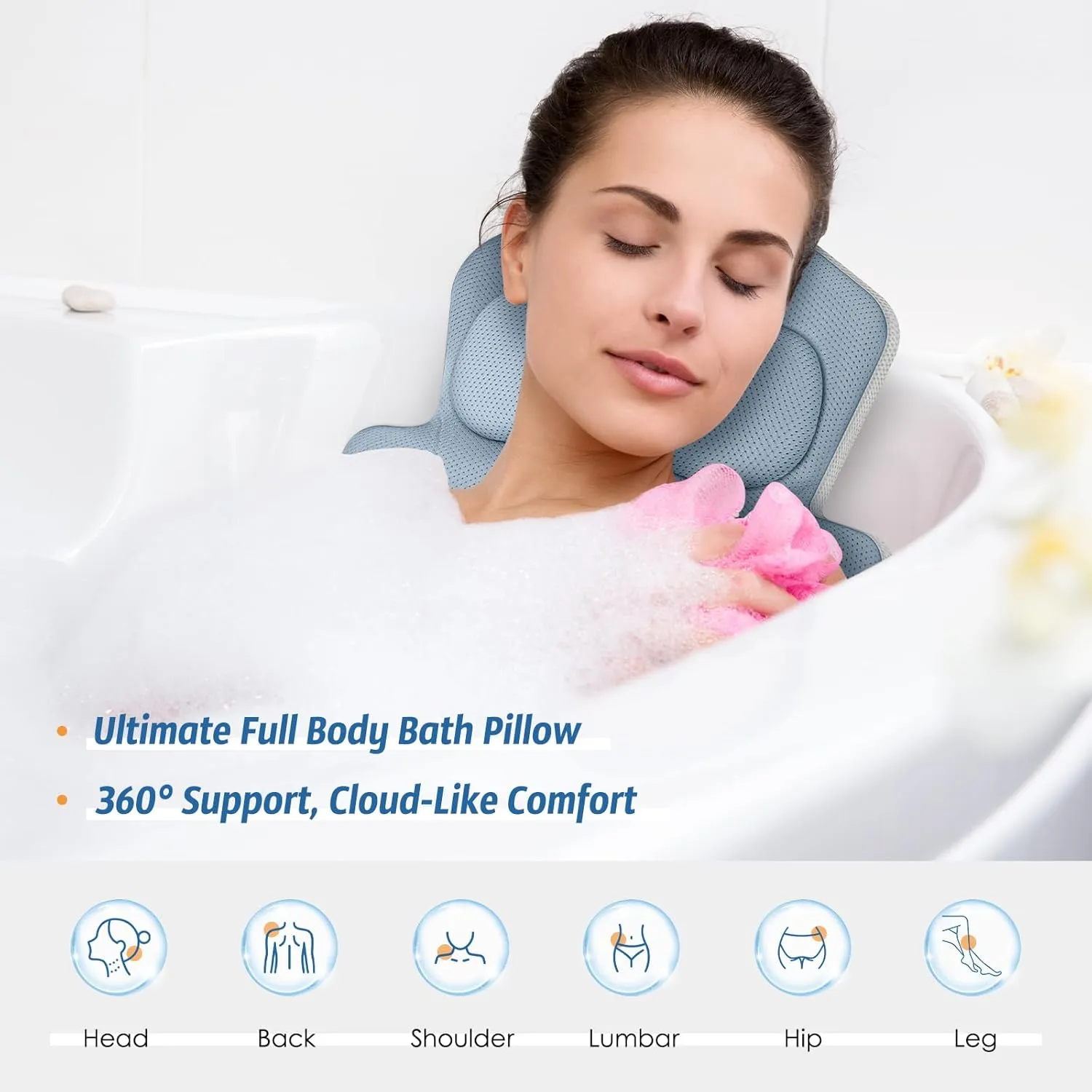 Full Body Bath Pillow for Bathtub Ergonomic Spa Pillow with 192 Non-Slip Suction Cups, Spa Bathtub Pillow for Neck, Back & Leg Support, 5D Air Mesh & Quick Drying, Fits All Tubs (Greyblue)