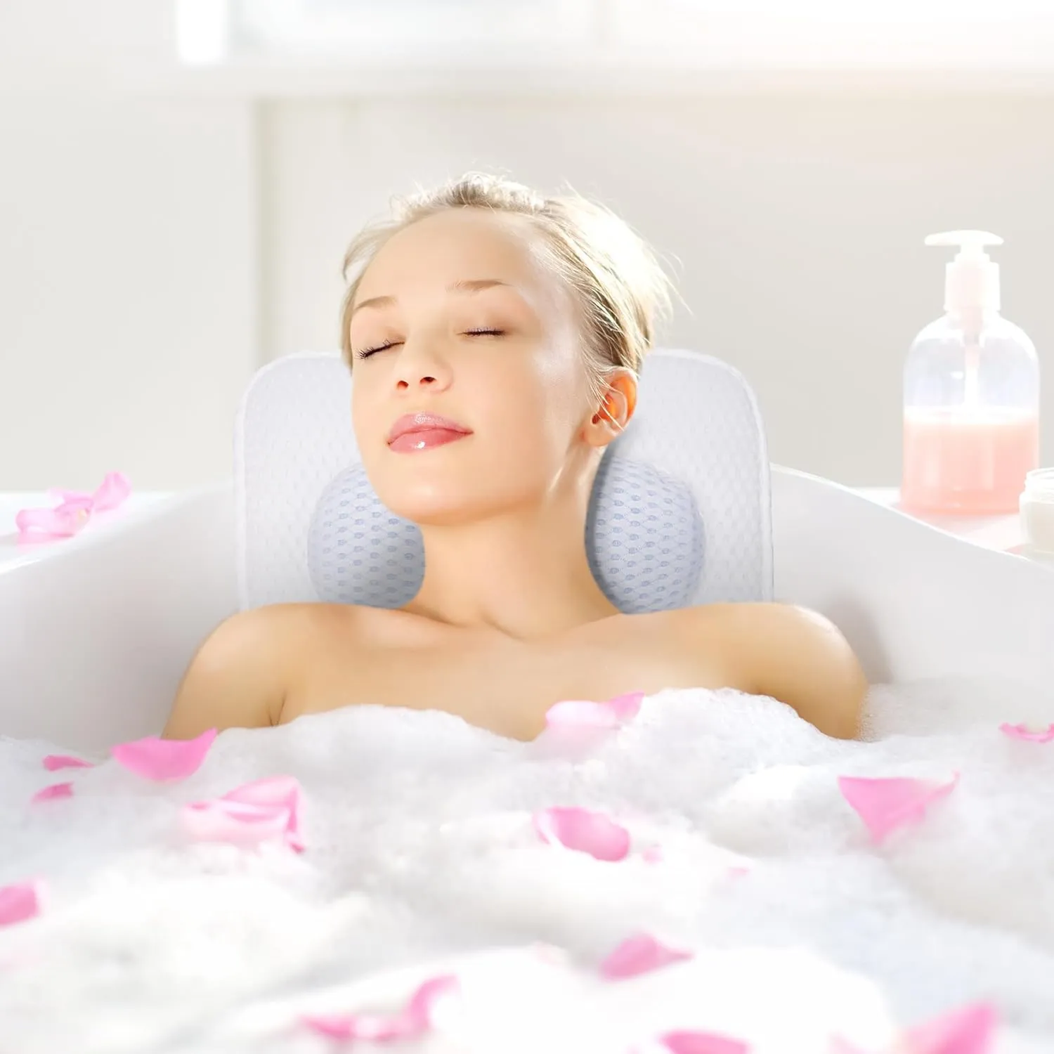 Full Body Bath Pillow with Headrest | Bath Pillows for tub with Mesh Washing Bag-Spa Bathtub Pillow for Head Neck Shoulder and Back Support,5D Air Mesh & Quick Drying (White)