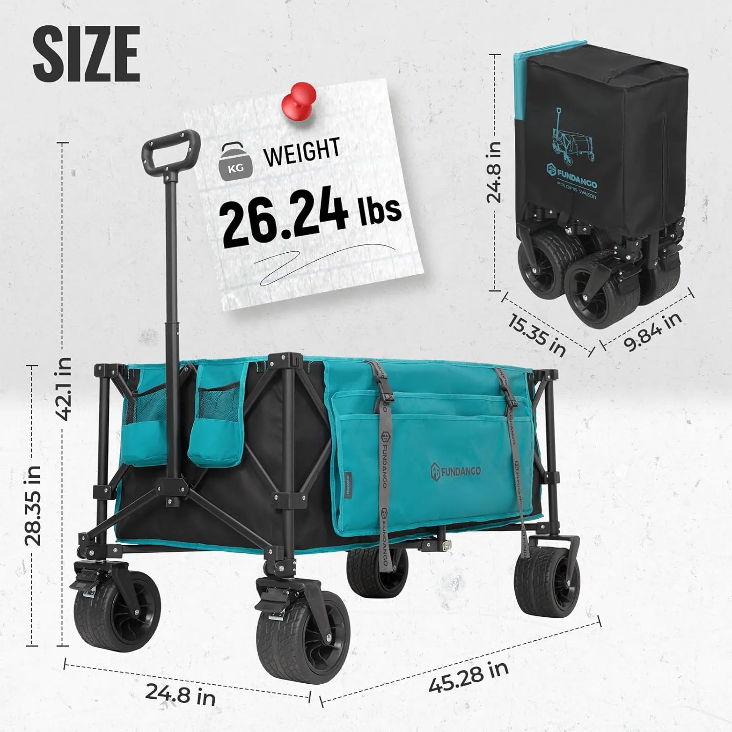 FUNDANGO 600lbs Collapsible Wagon, Foldable Beach Wagons Heavy Duty Garden Cart with Brakes, Side Pockets & All-Terrain Big Wheels for Sports Camping Shopping Groceries, Black/Blue