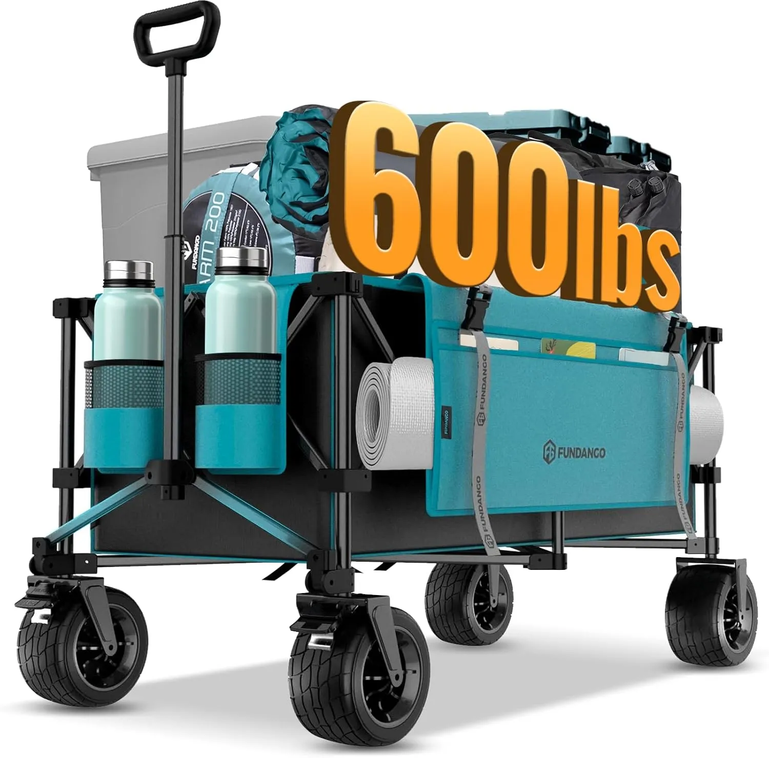 FUNDANGO 600lbs Collapsible Wagon, Foldable Beach Wagons Heavy Duty Garden Cart with Brakes, Side Pockets & All-Terrain Big Wheels for Sports Camping Shopping Groceries, Black/Blue