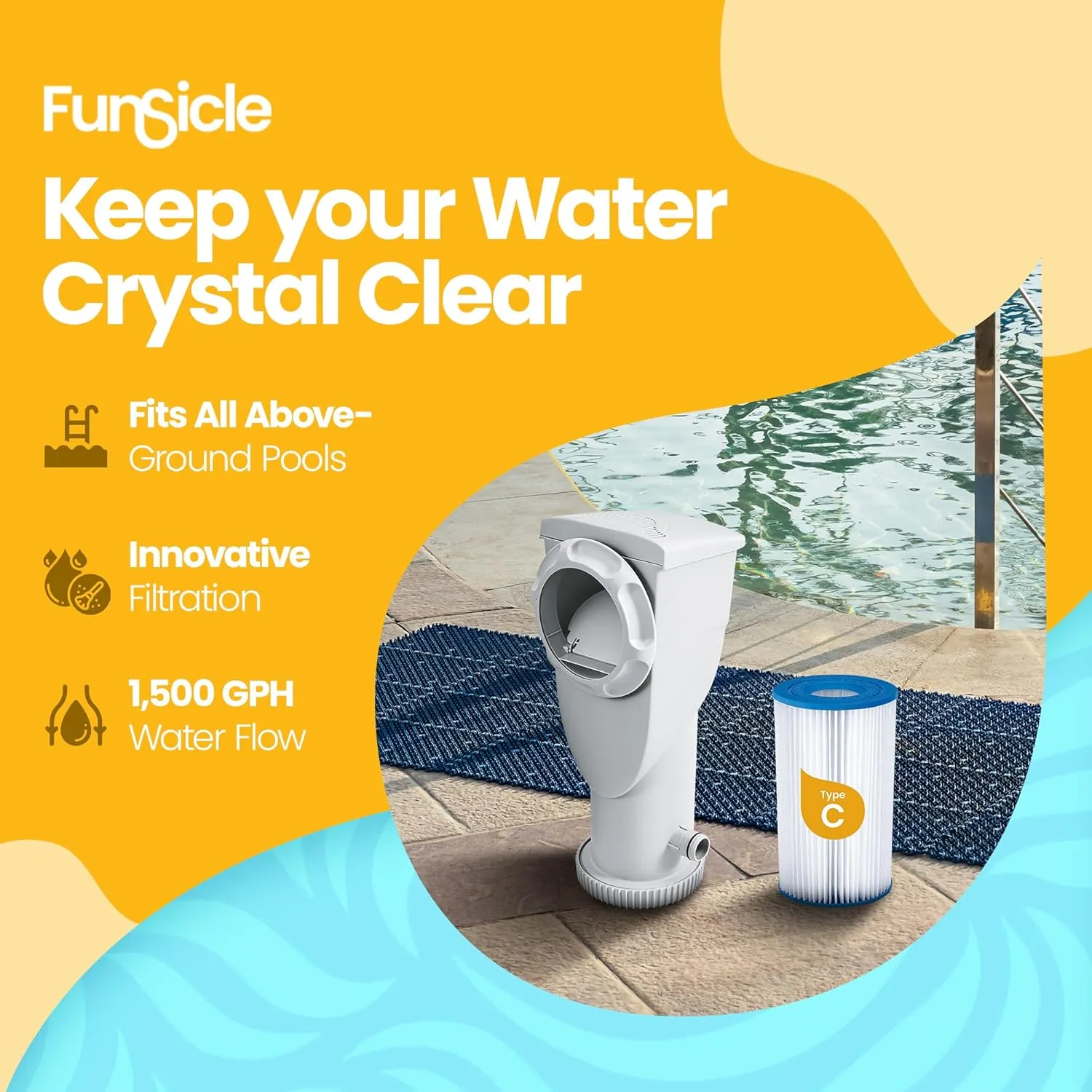 Funsicle SkimmerPlus 1,500 GPH 2-in-1 Filter Pump and Skimmer System for Above Ground Swimming Pools - Pool Cleaning and Maintenance