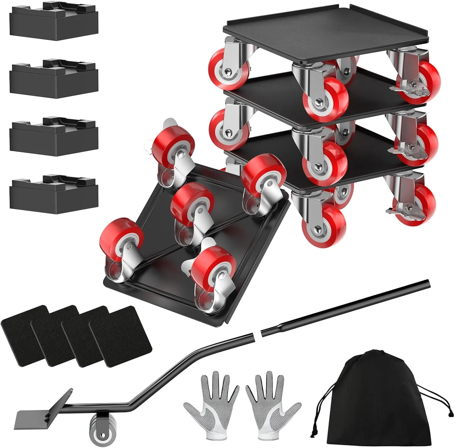 Furniture Movers and Dolly Heavy Duty 1500LBS Capacity 5X 360° Rotating Rubber Wheels Carbon Steel Panel Includes Lifter Jacks and Gliders for Sofa Refrigerator Washer Pro Set（5.4in,Red）