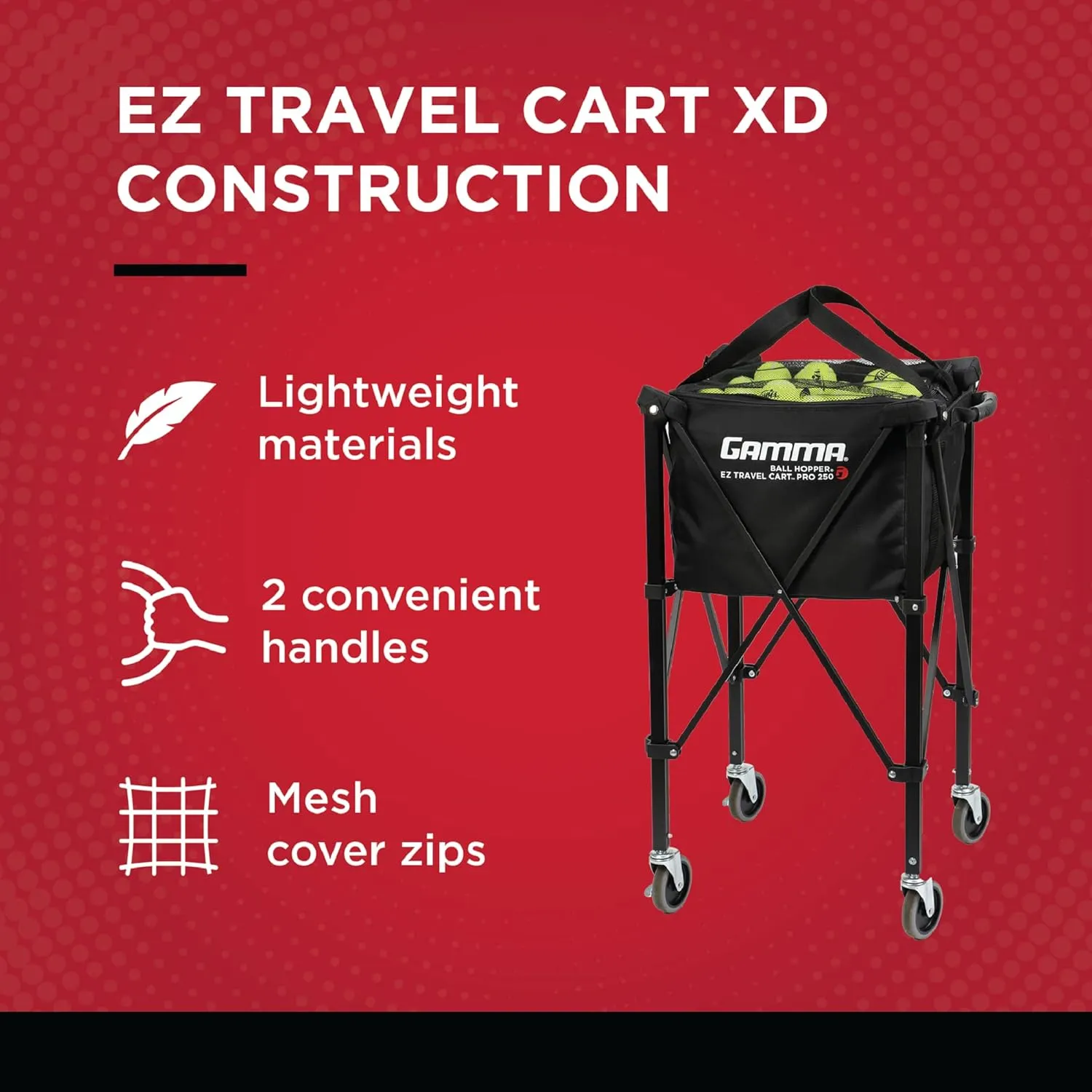 GAMMA Sports EZ Travel Cart, Tennis & Pickleball Hopper, Padel, Portable Compact Design, Sturdy Lightweight Construction, EZ Bags, 150 or 250 Capacity, Premium Carrying Case Included