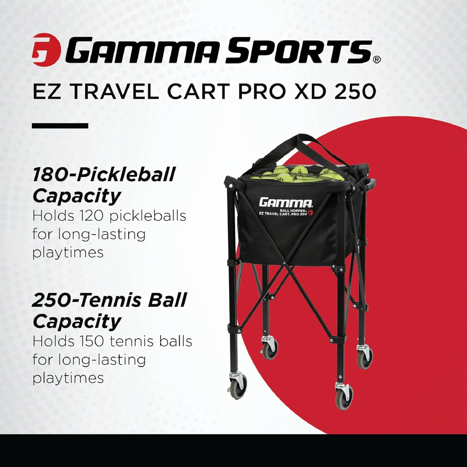 GAMMA Sports EZ Travel Cart, Tennis & Pickleball Hopper, Padel, Portable Compact Design, Sturdy Lightweight Construction, EZ Bags, 150 or 250 Capacity, Premium Carrying Case Included