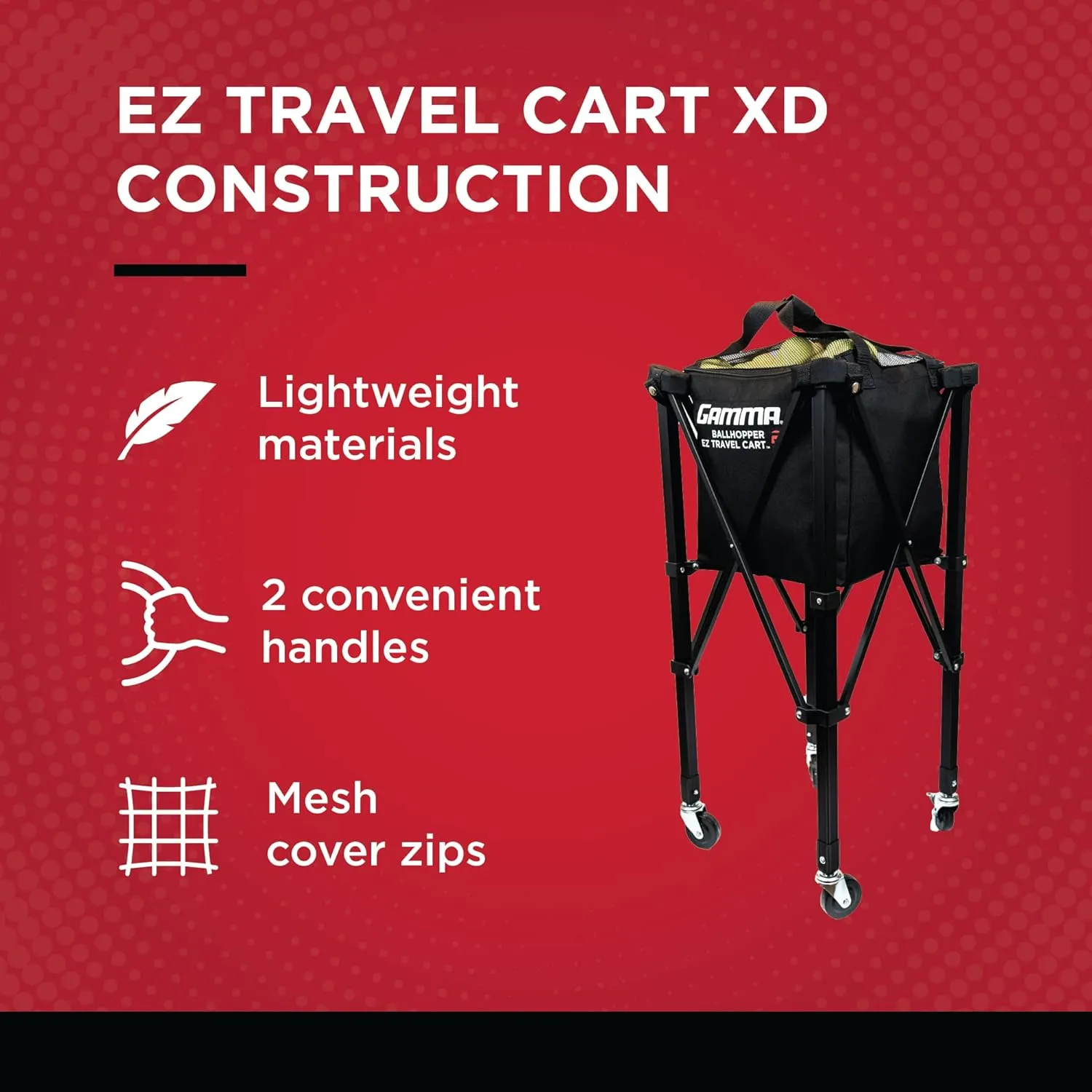 GAMMA Sports EZ Travel Cart, Tennis & Pickleball Hopper, Portable Compact Design, Sturdy Lightweight Construction, 150 or 250 Capacity Available, Premium Carrying Case Included