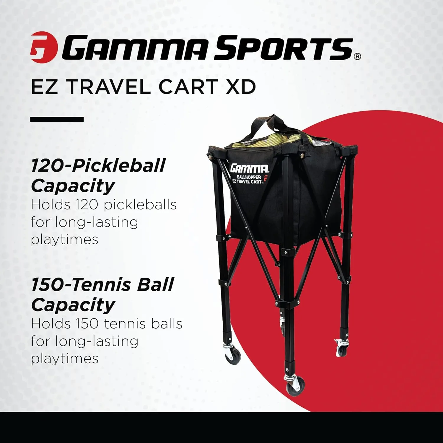 GAMMA Sports EZ Travel Cart, Tennis & Pickleball Hopper, Portable Compact Design, Sturdy Lightweight Construction, 150 or 250 Capacity Available, Premium Carrying Case Included