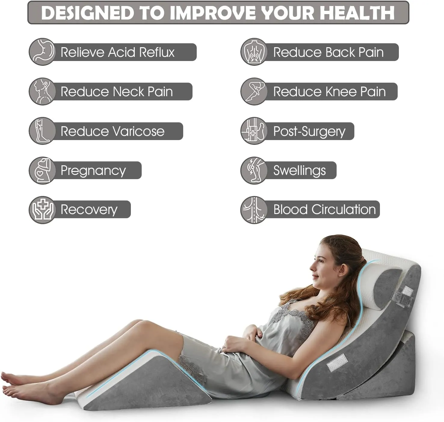 Ganaver 4pcs Orthopedic Bed Wedge Pillow Set Post Surgery Relaxing Back Adjustable Head Support Cushion Triangle Memory Foam Pillow for Acid Reflux Sleeping Reading Leg Elevation Snoring