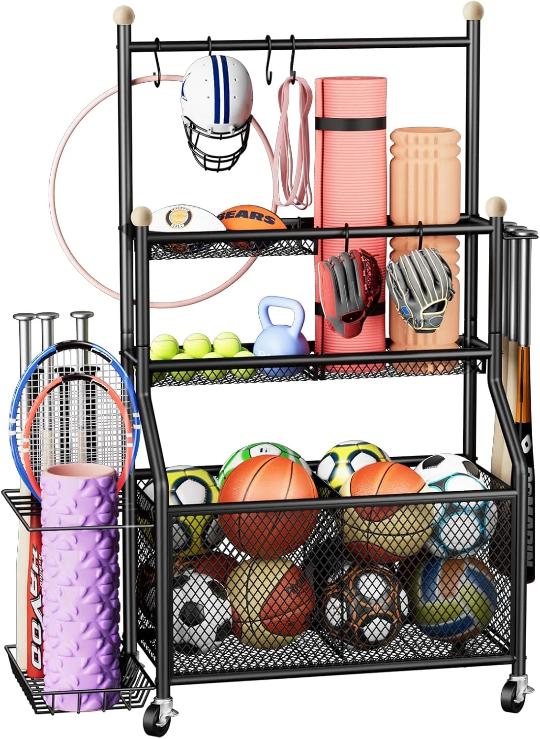 Garage Sports Equipment Organizer, Garage Ball Storage Rack with Basket and 6 S-Hooks, Garage Toy Organizer, Heavy Duty Sports Organizer for Garage, Rolling Ball Cart with Wheels, Black