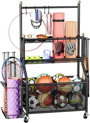 Garage Sports Equipment Organizer, Garage Ball Storage Rack with Basket and 6 S-Hooks, Garage Toy Organizer, Heavy Duty Sports Organizer for Garage, Rolling Ball Cart with Wheels, Black