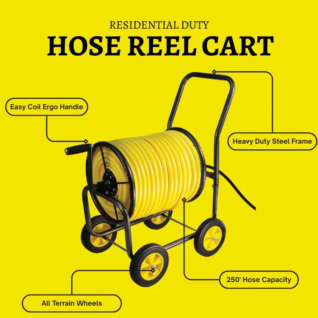 Garden Hose Reel Cart, Heavy Duty Hose Reel with Wheels, Outdoor Water Hose Caddy for Backyard, Garden, or Lawn, Metal Hose Cart Holds Up to 250 ft of 5/8’’