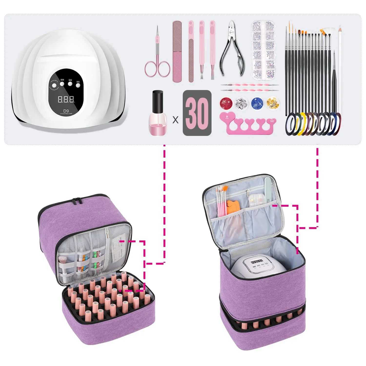 Gel Nail Polish Storage Organizer Nail Dryer Bag Double Layer Carrying Case Holds 30 Bottles (15ml/0.5 Fl.Oz) Fingernail Polish Travel Storage Bag for Manicure Accessories, Purple (BAG ONLY)