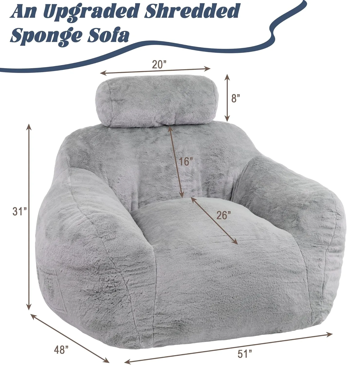 Giant Bean Bag Chair for Adults, Faux Fur Fabric Large Bean Bag Chair, Comfortable Bean Bag Sofa Chair with Ergonomic Support for Living Room, Bedroom, Gray.