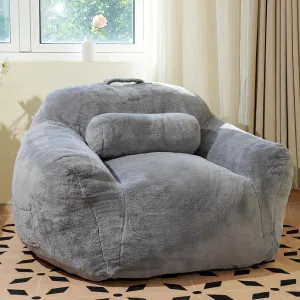 Giant Bean Bag Chair for Adults, Faux Fur Fabric Large Bean Bag Chair, Comfortable Bean Bag Sofa Chair with Ergonomic Support for Living Room, Bedroom, Gray.