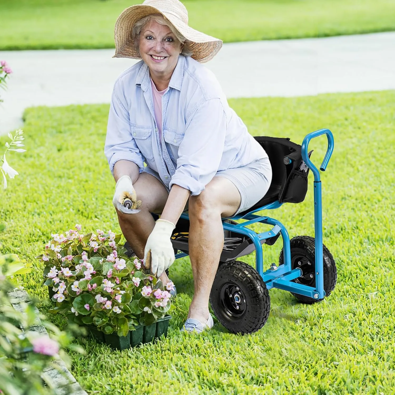 Giantex Rolling Garden Cart, 360 Swivel Workseat with 4 Wheels, Removal Cushion & Tool Tray, Storage Basket, Gardening Wagon Scooter with Adjustable Height, Handle (Blue)