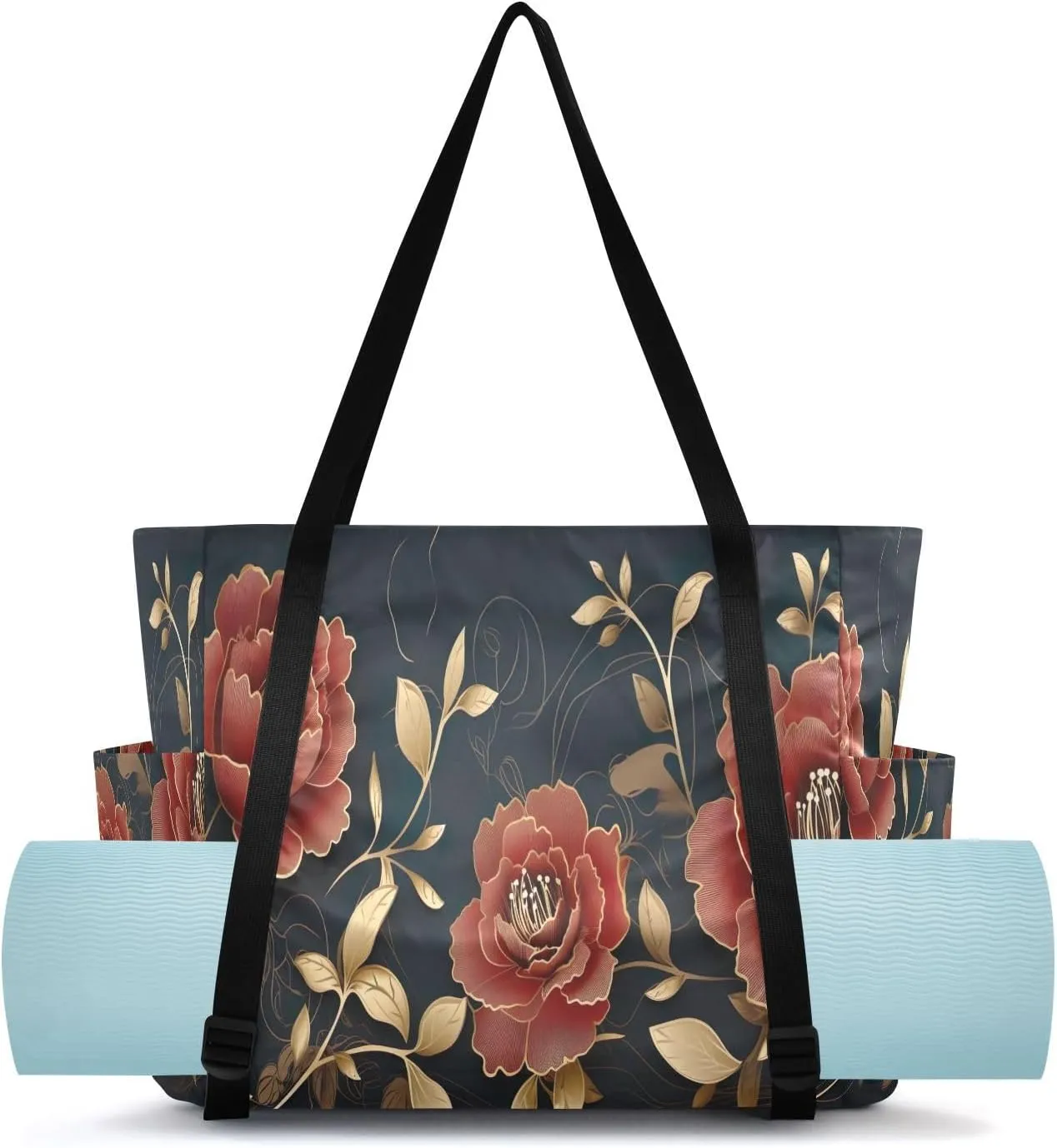 Golden Red Roses Yoga Mat Bag Carrier with Wet Dry Storage Pockets Pilates Bag Large Gym Tote Carryall with Water Bottle Holder for Travel Beach Women Men Office