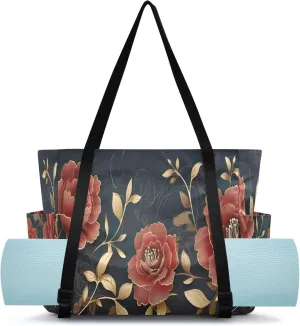 Golden Red Roses Yoga Mat Bag Carrier with Wet Dry Storage Pockets Pilates Bag Large Gym Tote Carryall with Water Bottle Holder for Travel Beach Women Men Office