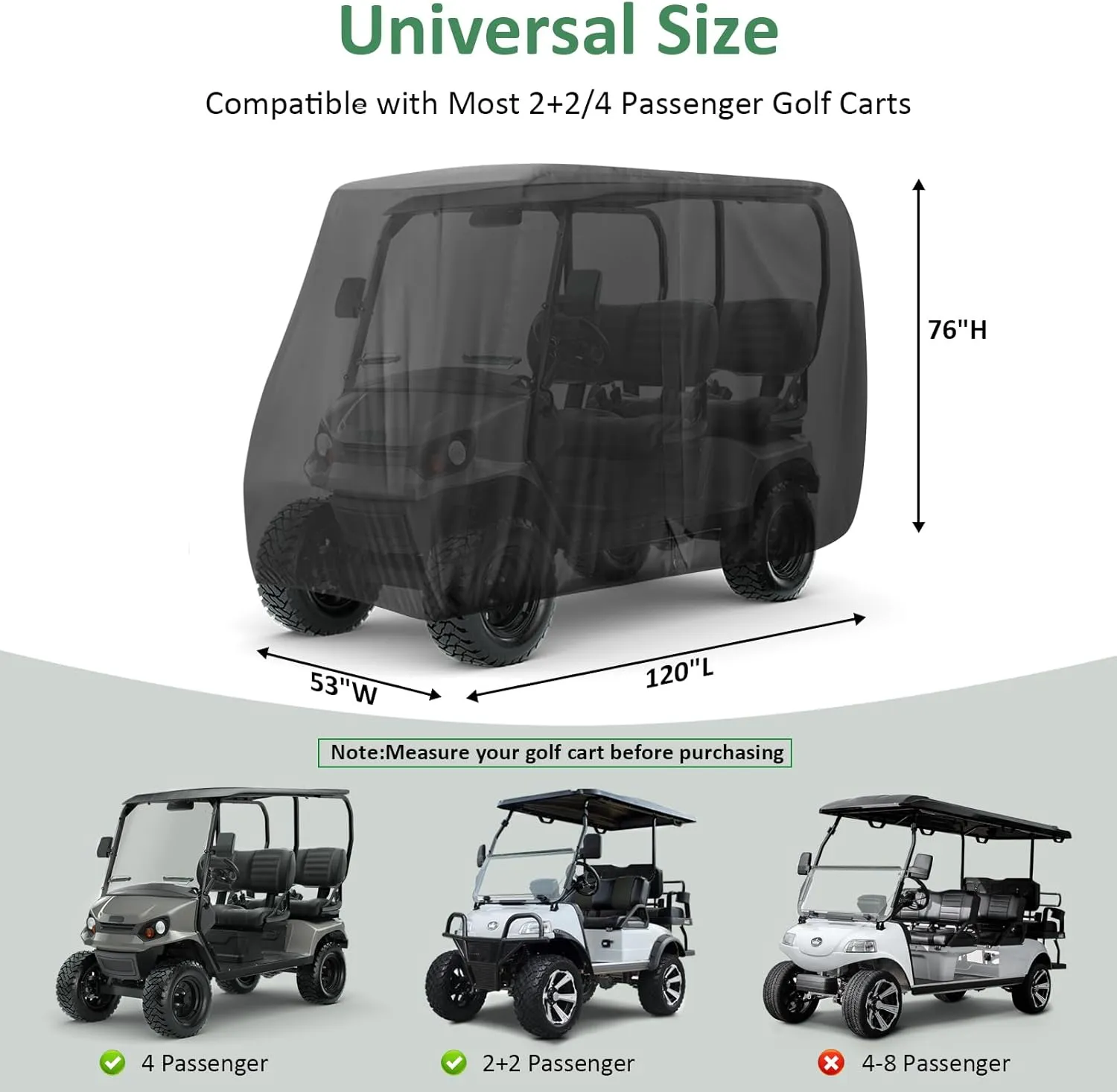 Golf Cart Cover 4/6 Passenger,115/118/120/123/144/150/156 Inch Waterproof Universal Golf Cart Cover for Evolution EZGO Club Car,Outdoor Protection Golf Cart Accessories