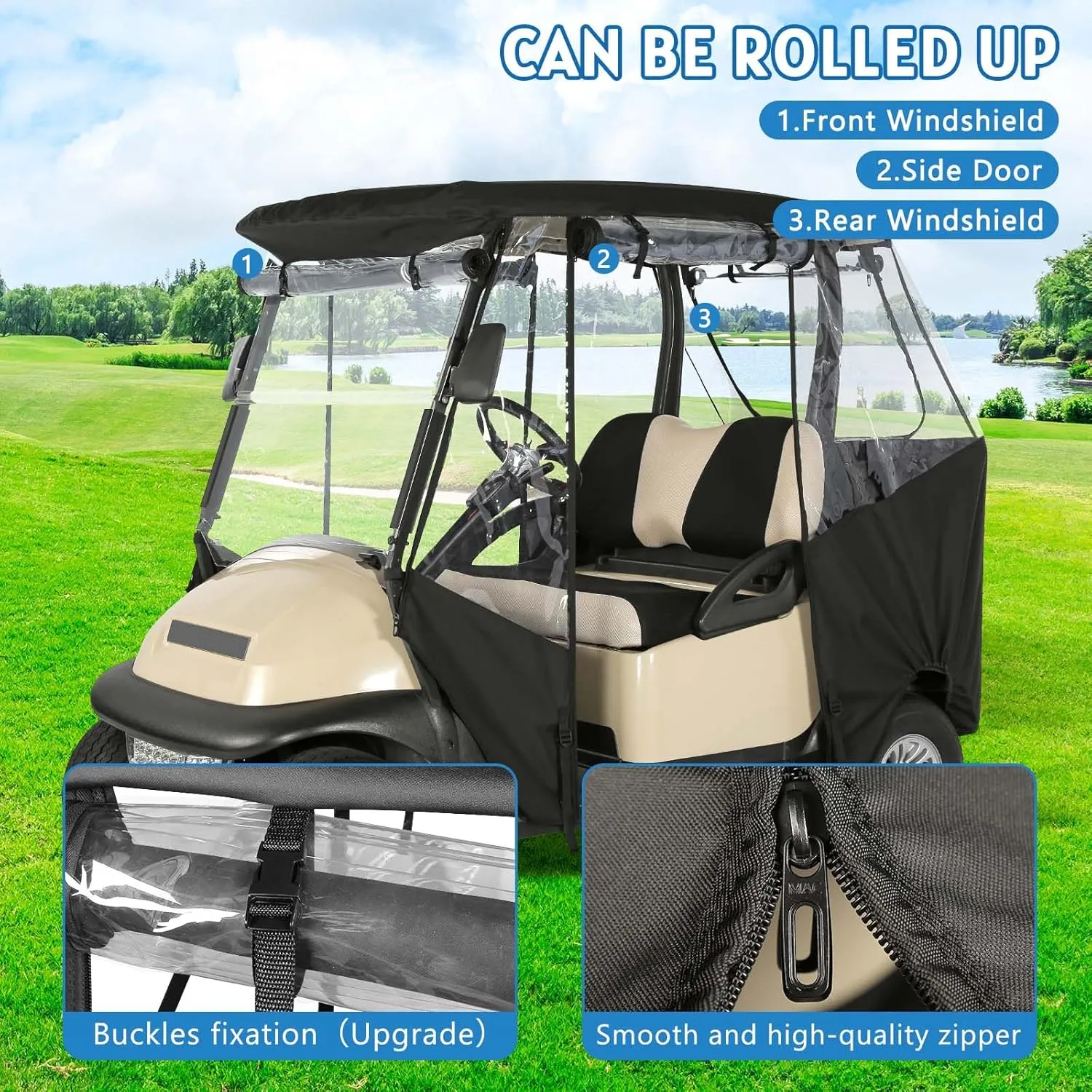 Golf Cart Enclosure 2 Passenger for Club Car Precedent Tempo Onward,Adjustable Side Mirror Zipper and Strong Zipper,2 Seat Transparent Storage Driving Rain Cover Clear PVC Roll Up Window (Black)
