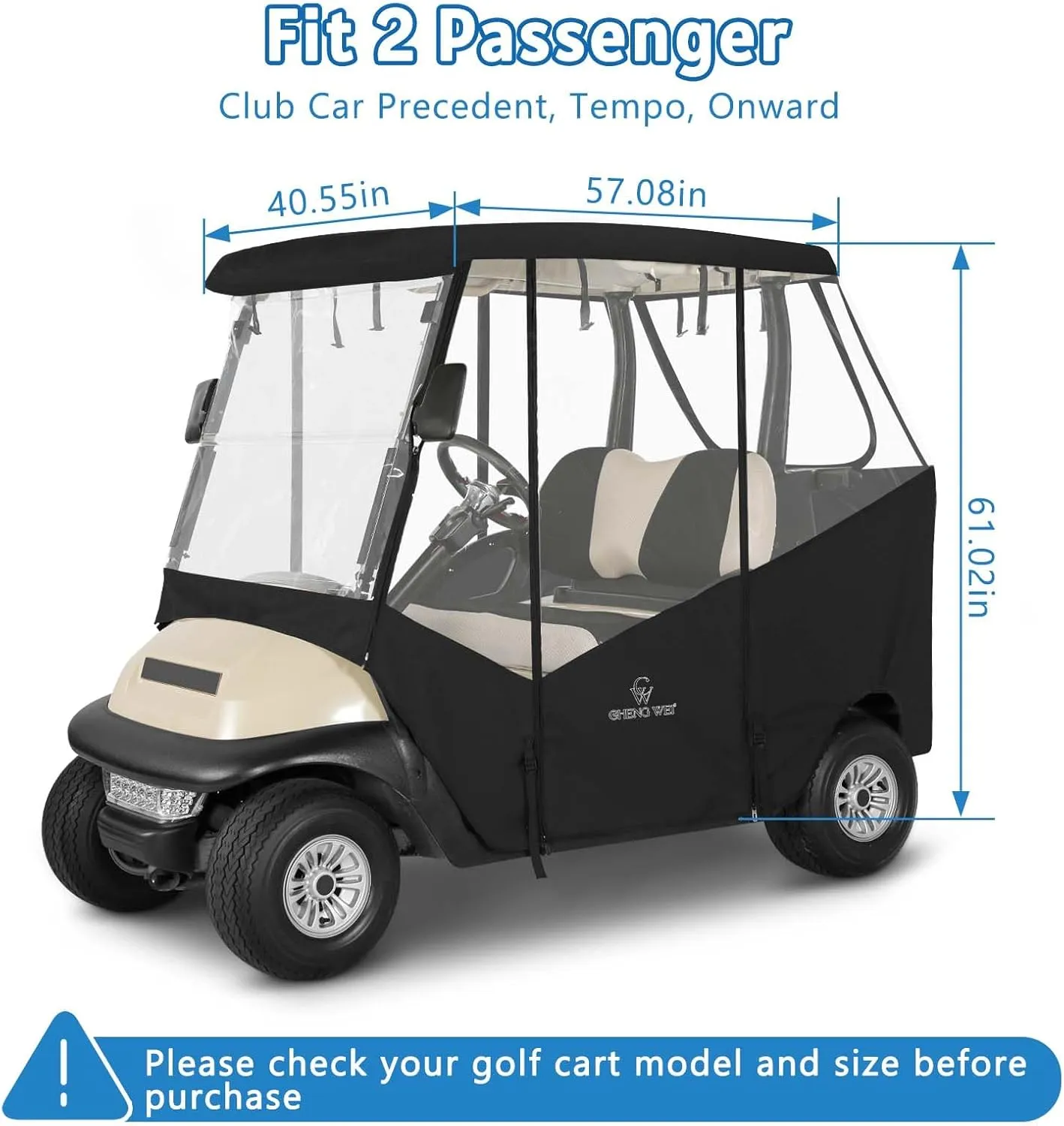 Golf Cart Enclosure 2 Passenger for Club Car Precedent Tempo Onward,Adjustable Side Mirror Zipper and Strong Zipper,2 Seat Transparent Storage Driving Rain Cover Clear PVC Roll Up Window (Black)