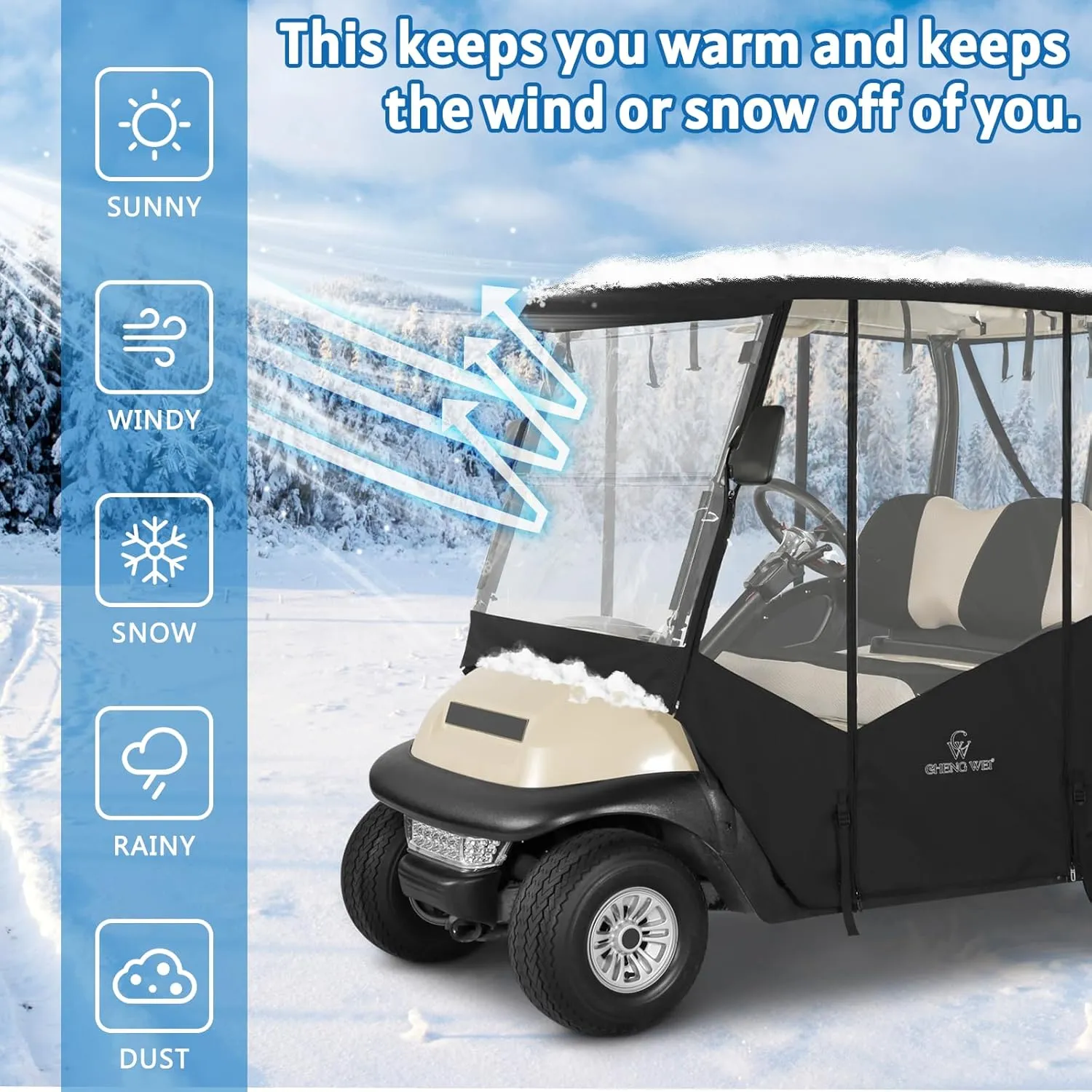 Golf Cart Enclosure 2 Passenger for Club Car Precedent Tempo Onward,Adjustable Side Mirror Zipper and Strong Zipper,2 Seat Transparent Storage Driving Rain Cover Clear PVC Roll Up Window (Black)